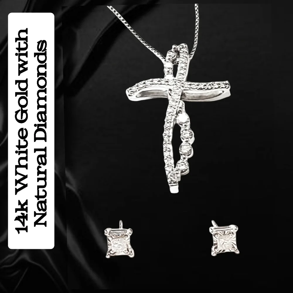 14K White Gold Convertible Cross Pendant with Natural Diamonds & Stud Earring